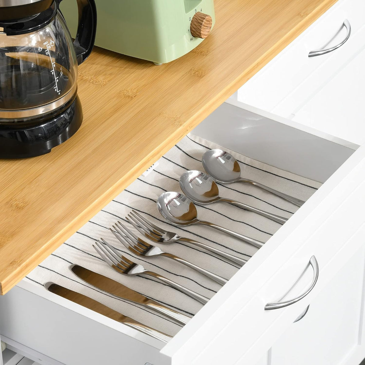 Rolling Kitchen Island Cart with Bamboo Countertop and 2 Cabinets, White A119