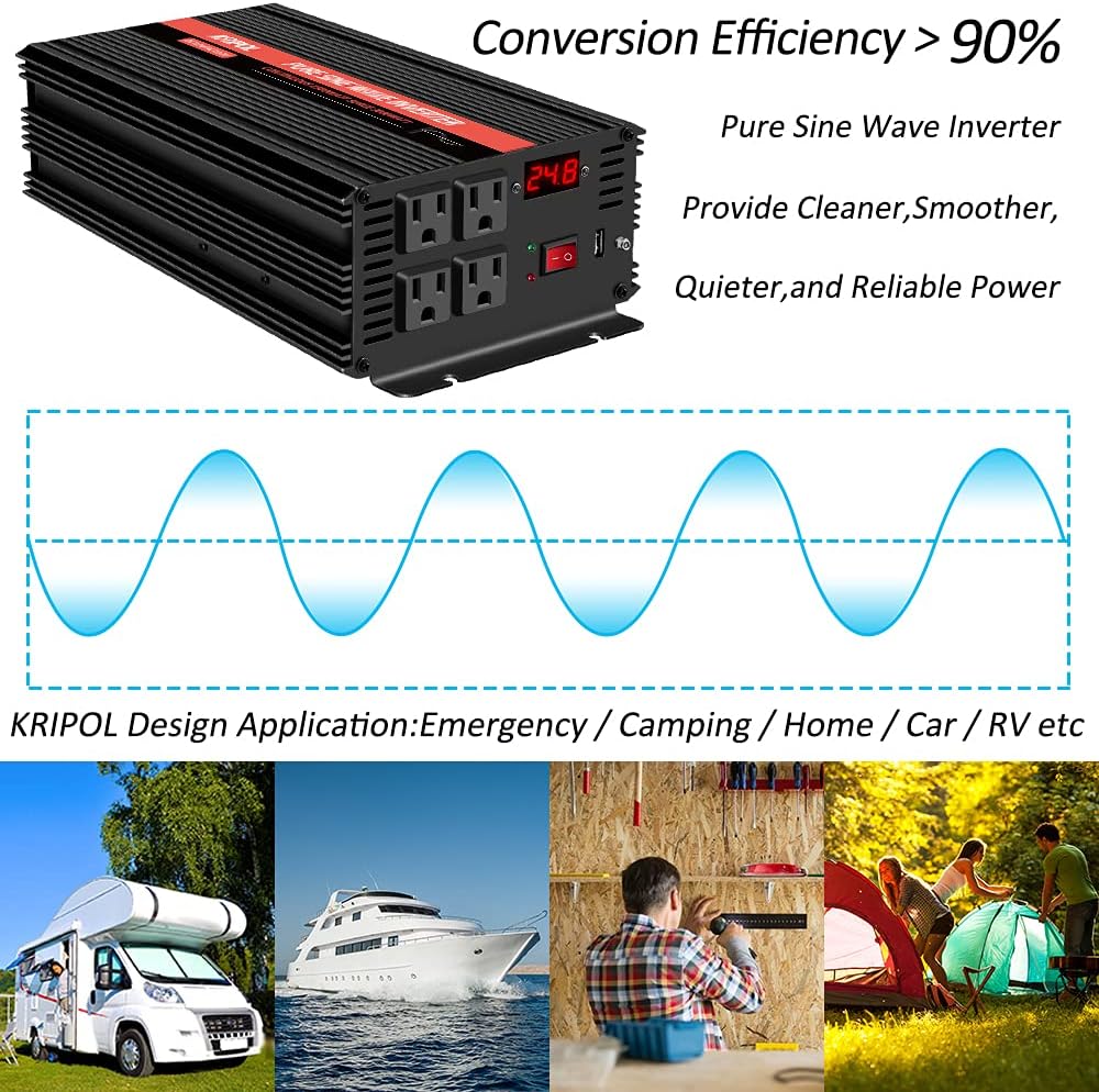 1000 Watt Pure Sine Wave Inverter 12v DC to 110/120v AC D294235