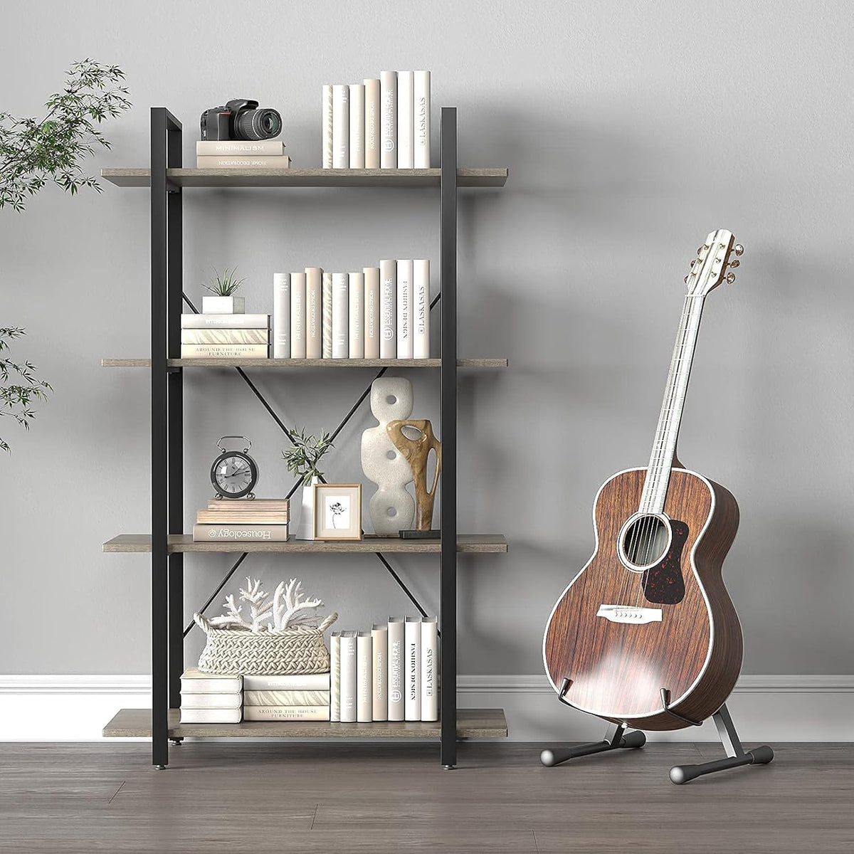 4-Tier Metal Frame Bookcase with Wood Shelves J176