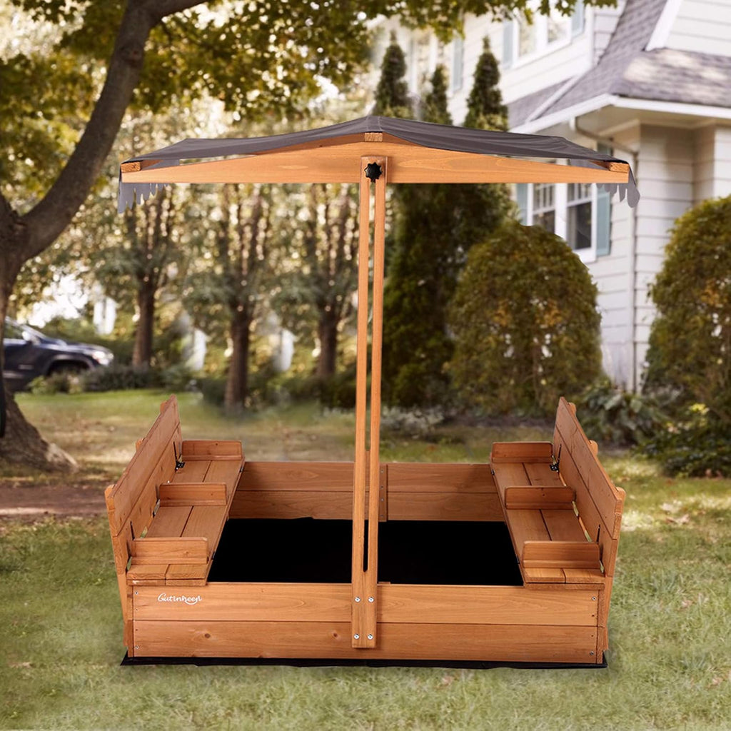 Large Wooden Sandbox with Canopy and 2 Foldable Bench Seats A122