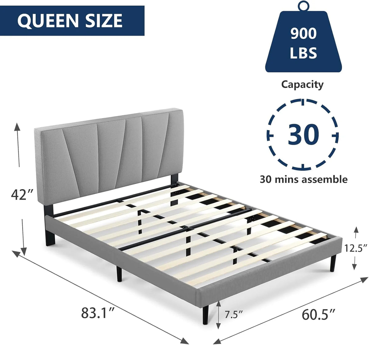 Queen Upholstered Platform Bed Frame with Headboard and Wooden Slats E8321