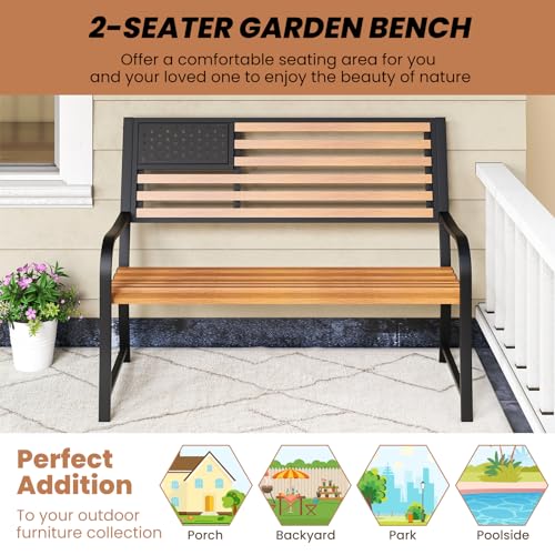50” 2-Person Metal Patio Bench with Flag Pattern Backrest E406