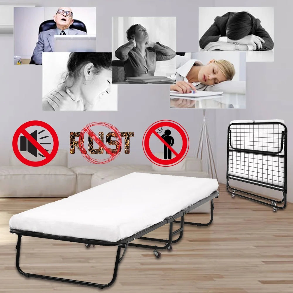 Folding Bed Frame with Wheel, Rollaway Bed with Mattress, Foldable Twin Bed with Memory Foam Mattress N472