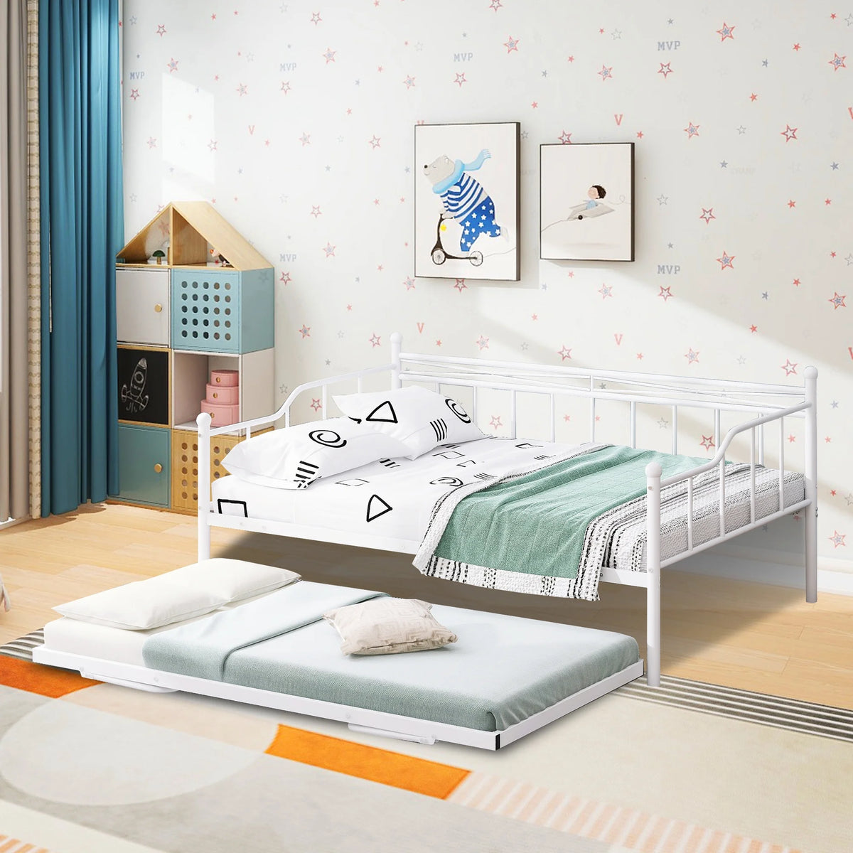 Full Size Metal Daybed with Twin Size Adjustable Trundle Z8957
