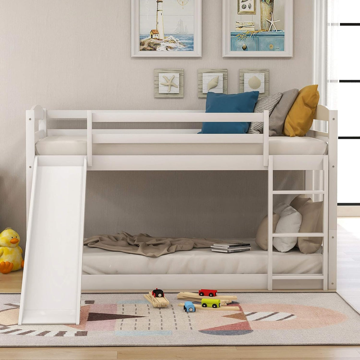 Twin Over Twin Low Bunk Bed with Slide and Ladder Grey D266