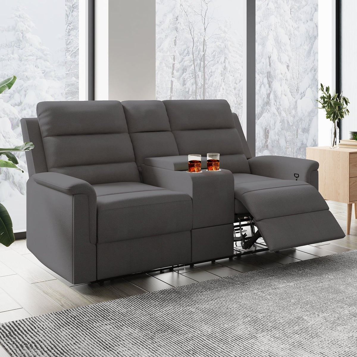 Dark Grey Reclining Loveseat with Cup Holders and Storage H703