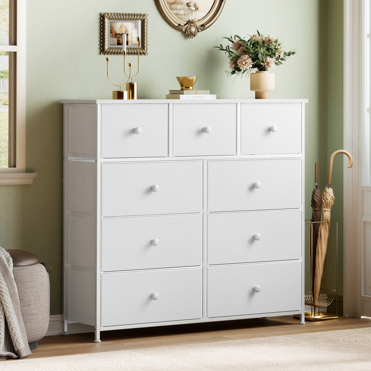9 Drawer Fabric Dresser with Leather Finish Y122042