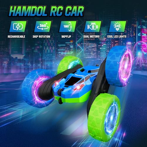 Remote Control Car Double Sided 360° Rotating 4WD Rechargeable Green L7722