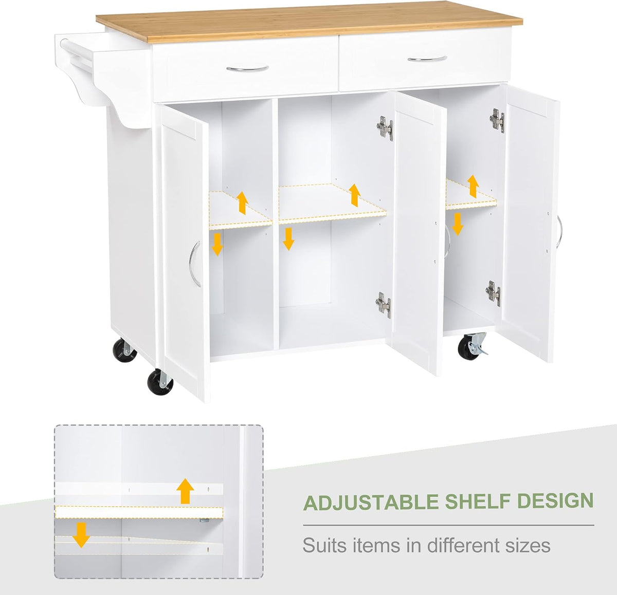 Rolling Kitchen Island Cart with Bamboo Countertop and 2 Cabinets, White A119