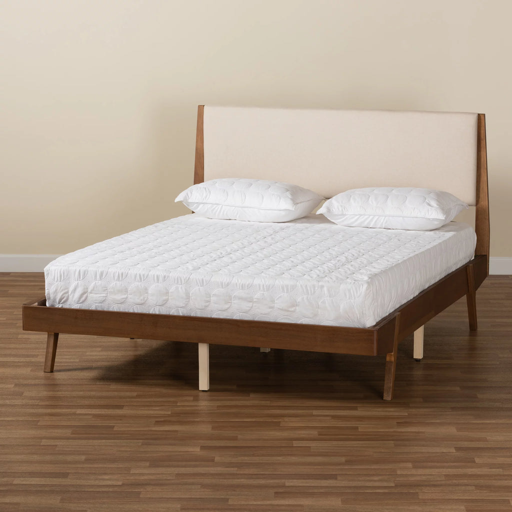 Beige Fabric Upholstered Walnut Brown Wood Queen Size Platform Bed E8405