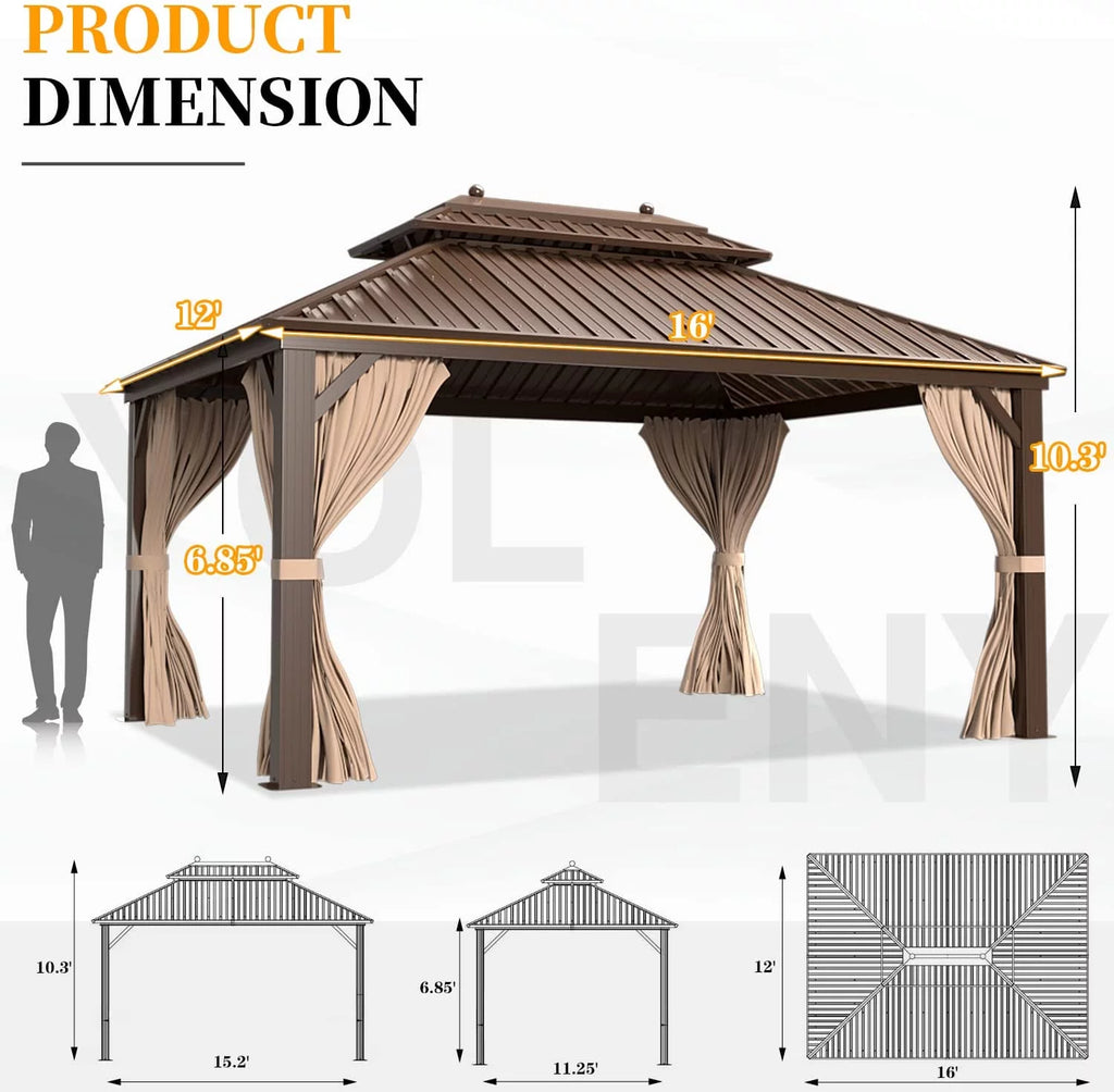 12 ft x 16 ft Brown Steel Hardtop Gazebo X8406