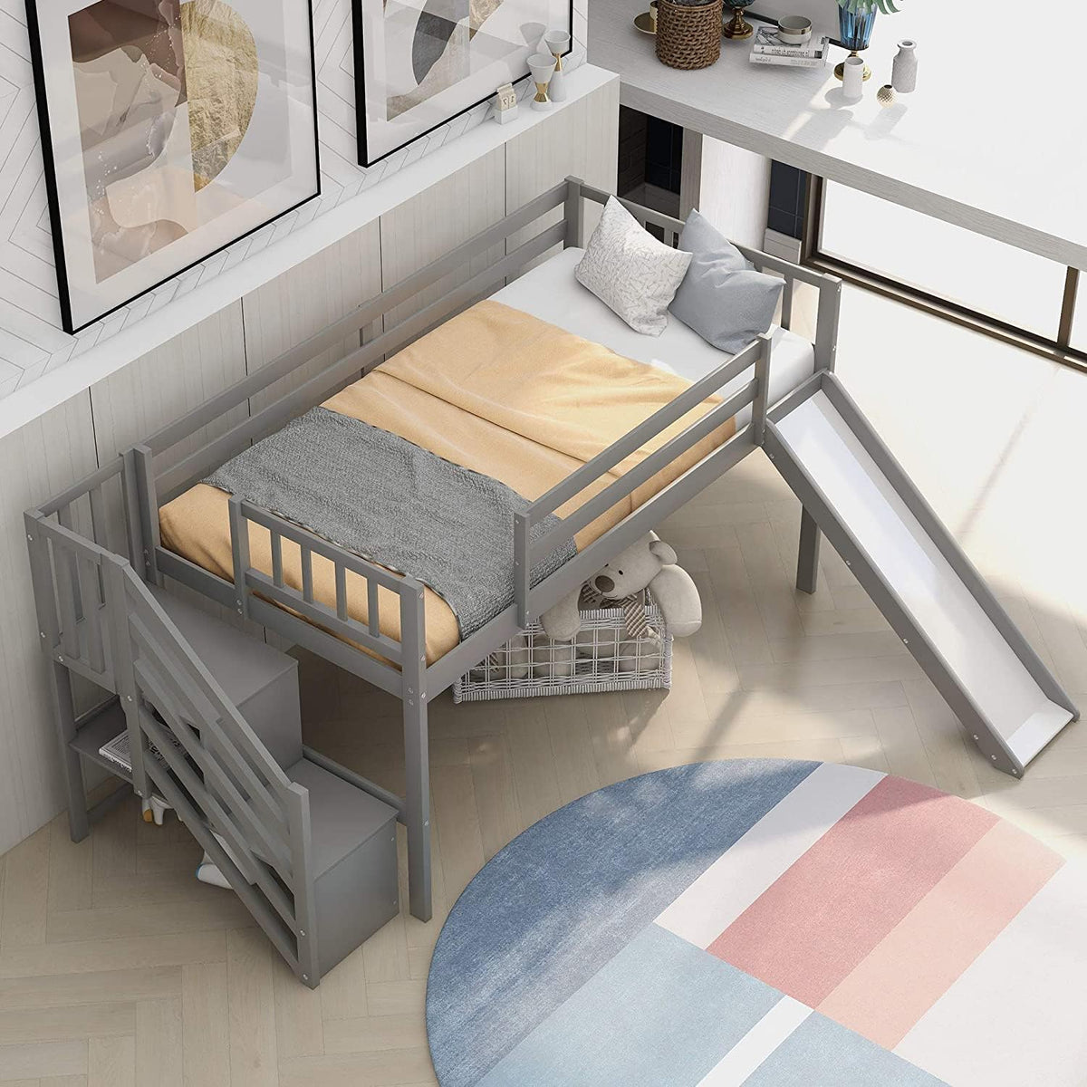 Twin Over Twin Low Bunk Bed with Slide and Ladder Grey D266