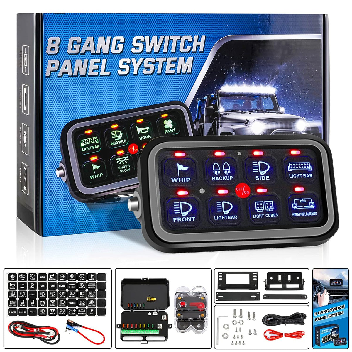 8 Gang Switch Panel 12V~24V Waterproof Automatic Dimmable Blue Light I89082