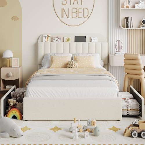 Beige Boucle Upholstered Twin Platform Bed with 2 Drawers U879511