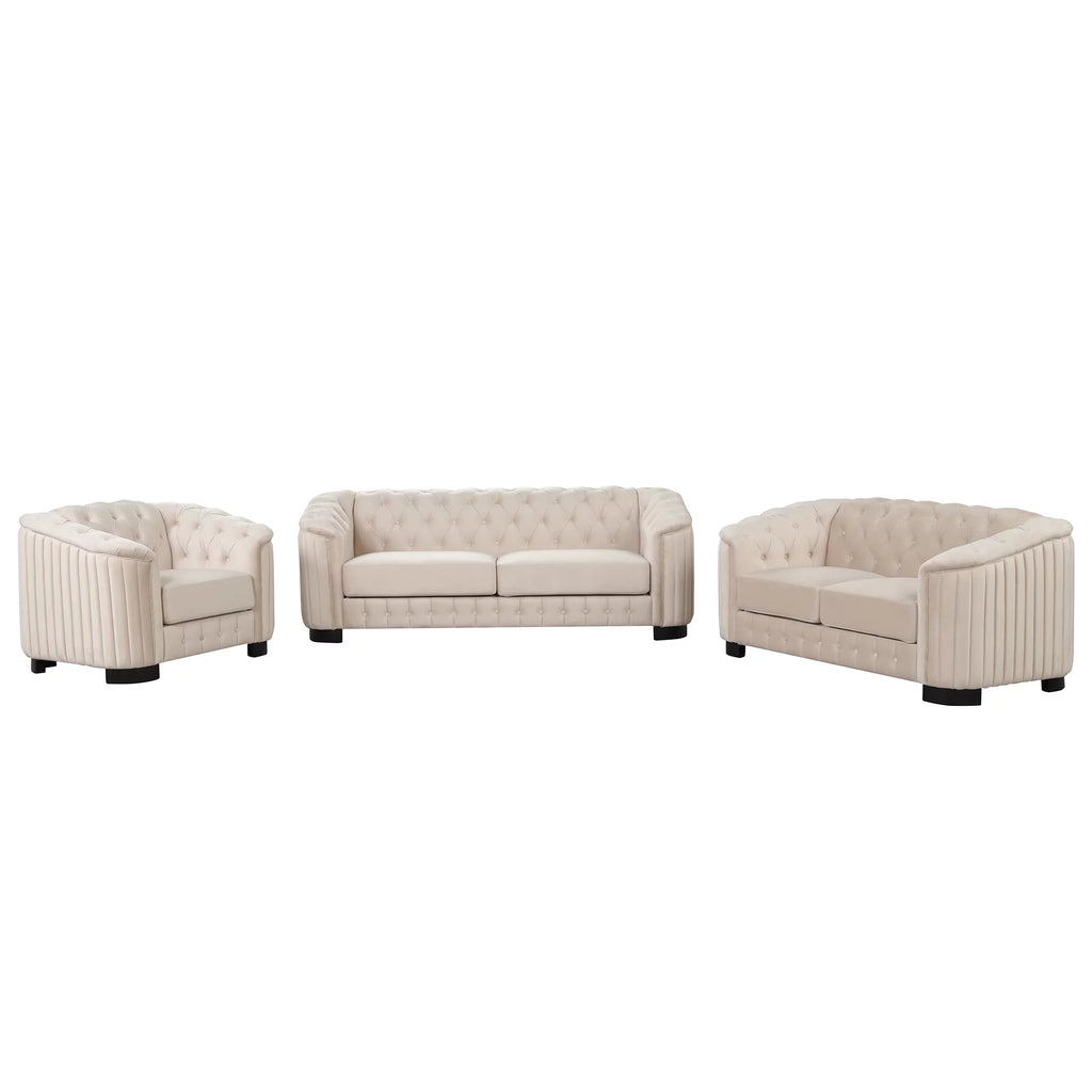 Beige Velvet 3-Piece Sofa Set with Rubber Wood Legs H893