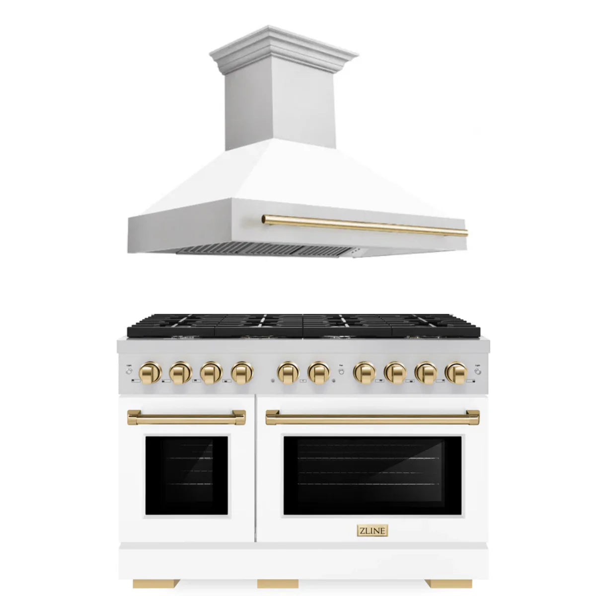 48 In. Gas Range and Range Hood in Stainless Steel with White Matte Door B9530