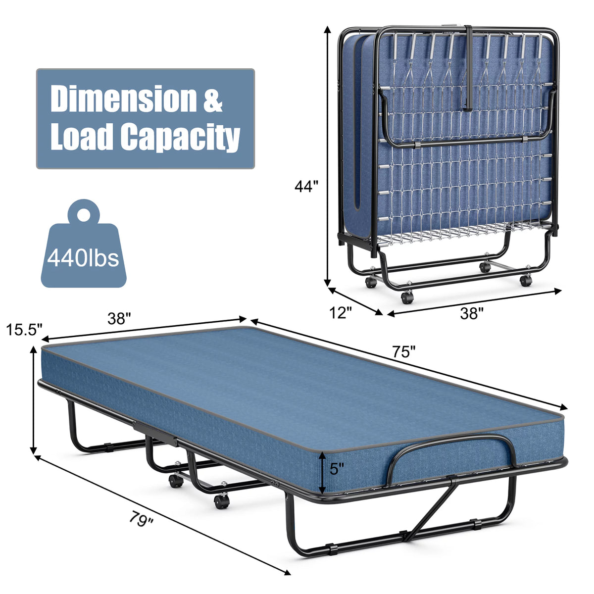 Folding Bed with Mattress Memory Foam Navy Z81494