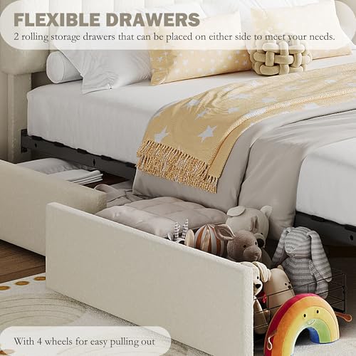 Beige Boucle Upholstered Twin Platform Bed with 2 Drawers U879511