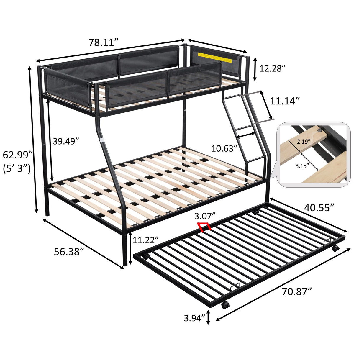 Twin over Full Size Metal Bunk Bed with Trundle and Textilene Guardrail F131573