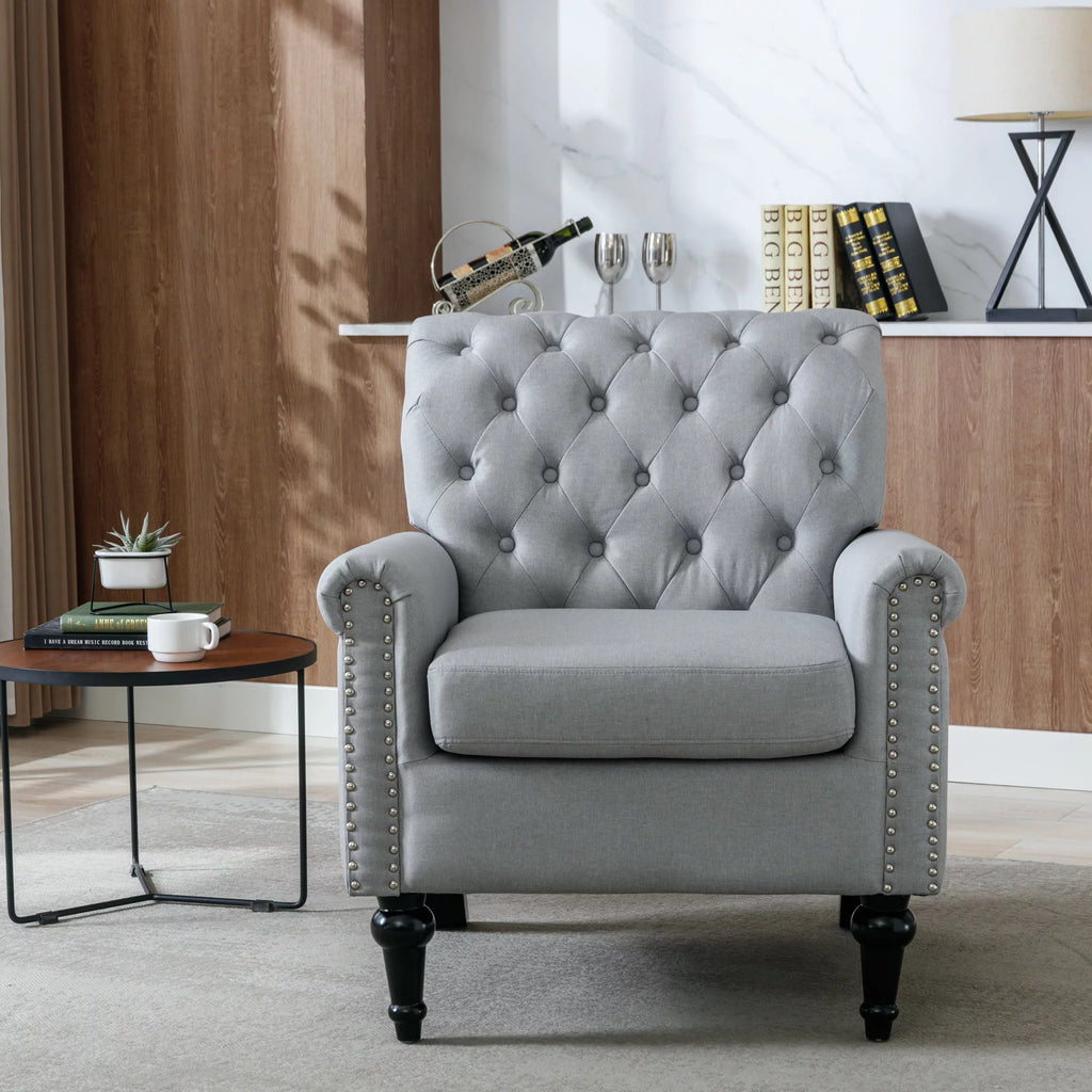 Light Gray Linen Fabric Accent Chair with Button Tufted Back J767