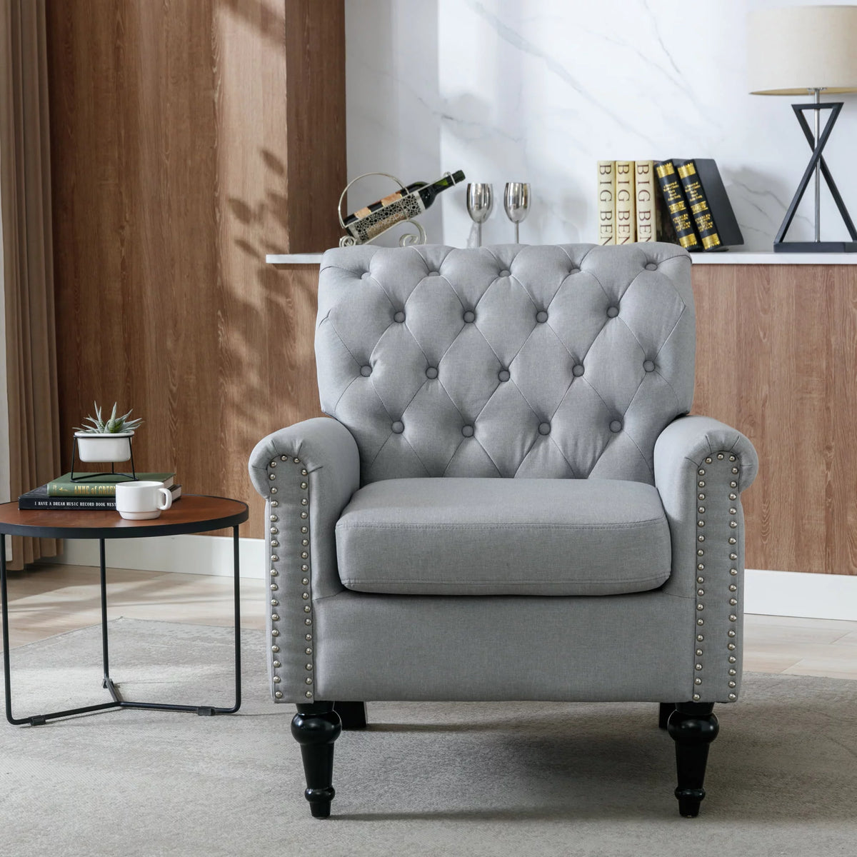 Light Gray Linen Fabric Accent Chair with Button Tufted Back J767