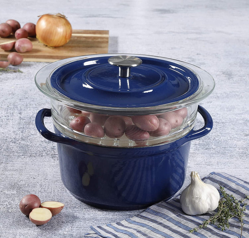 5 Quart Enameled Cast Iron Casserole with Lid and Glass Steamer in Blue L2316