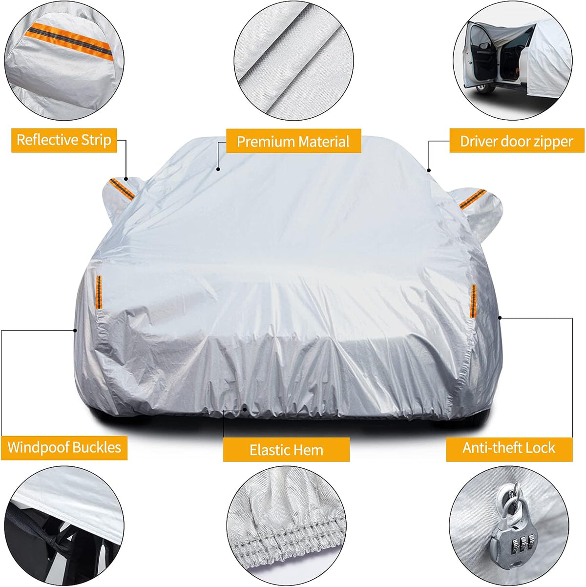 6 Layers Waterproof Car Cover with Zipper Lock Cable P1025