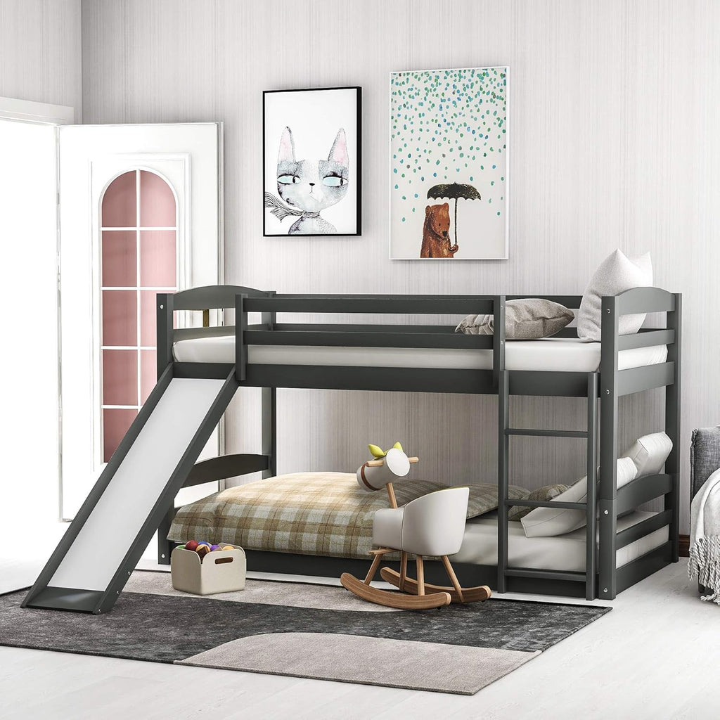 Twin Over Twin Low Bunk Bed with Slide and Ladder Grey D266