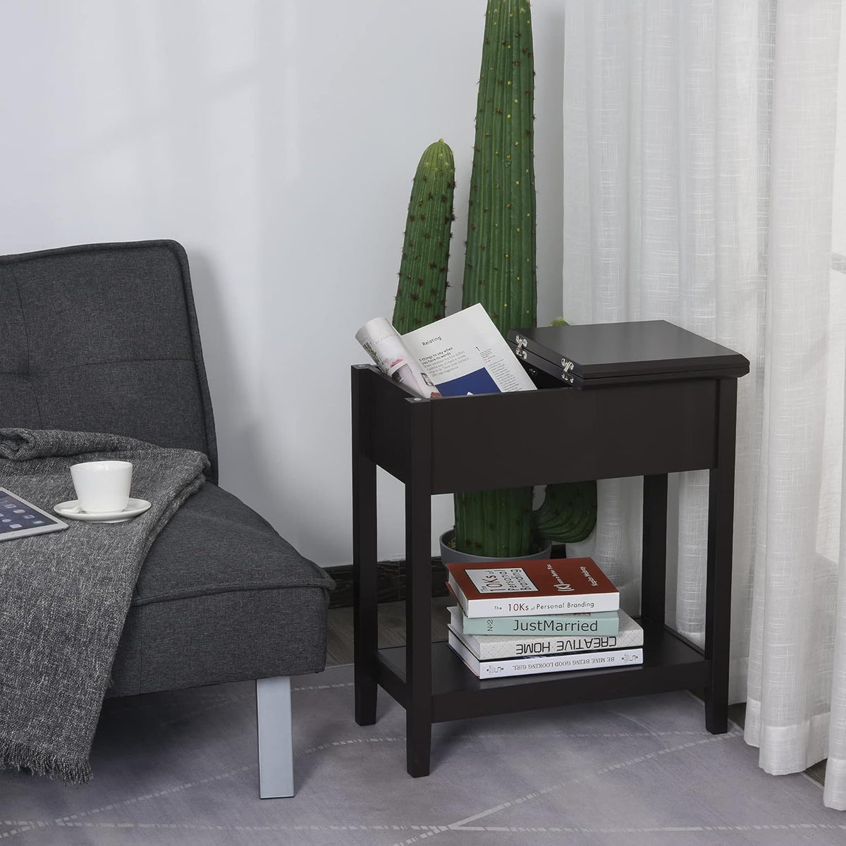 Flip Top Side Table with Storage Cabinet and Bottom Shelf A747