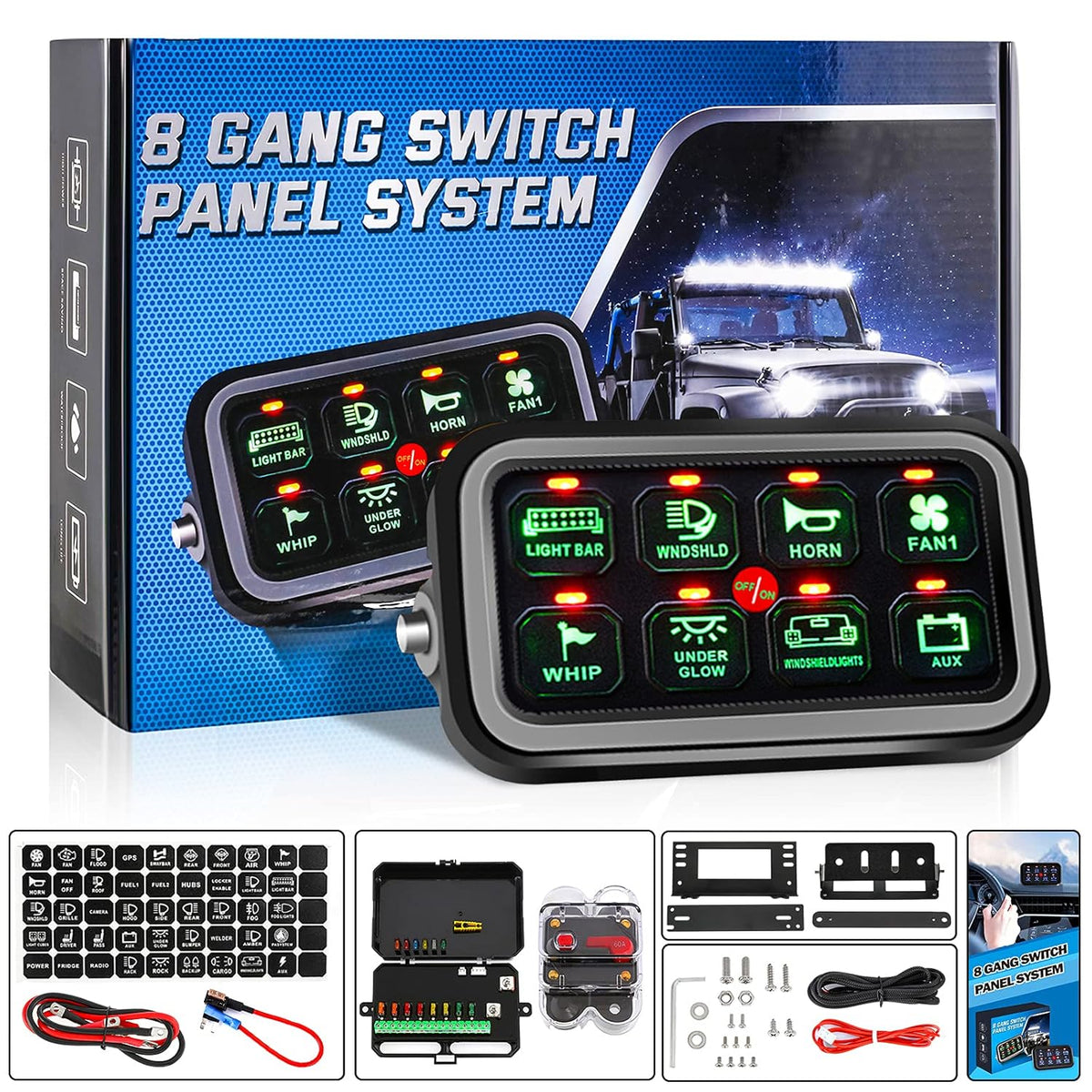 8 Gang Switch Panel 12V~24V Waterproof Automatic Dimmable Blue Light I89082