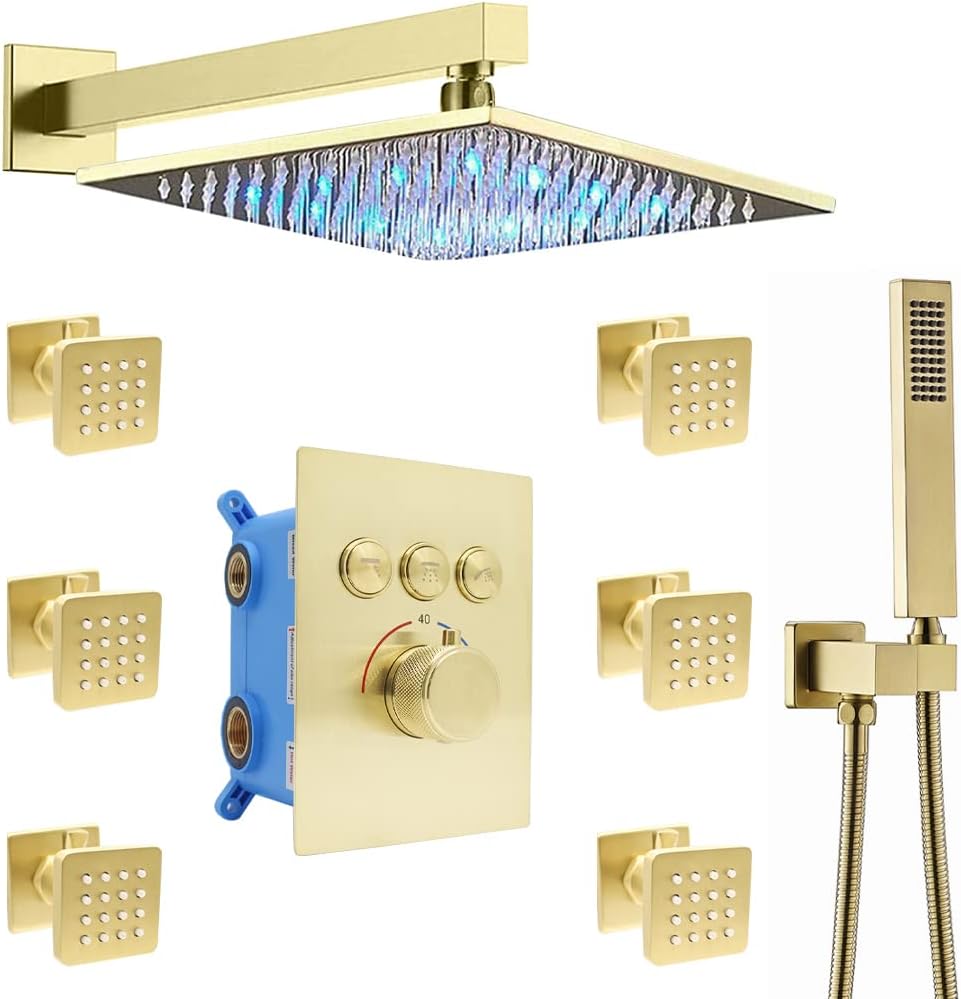 12 Inch Matte Black LED Rainfall Shower System with Body Jets K2177