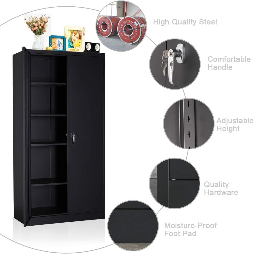 Metal Storage Cabinet with 2 Doors and 5 Shelves, Black I8679
