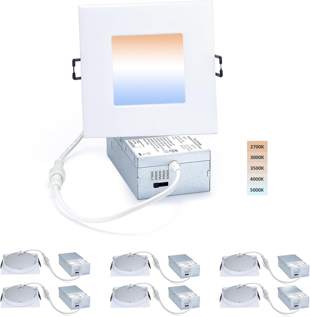 4-inch LED Canless Recessed Slim-Downlight, 5 CCT Adjustable Dimmable, 2700-5000K, 9W, Black Square Finish, 6 Pack M558