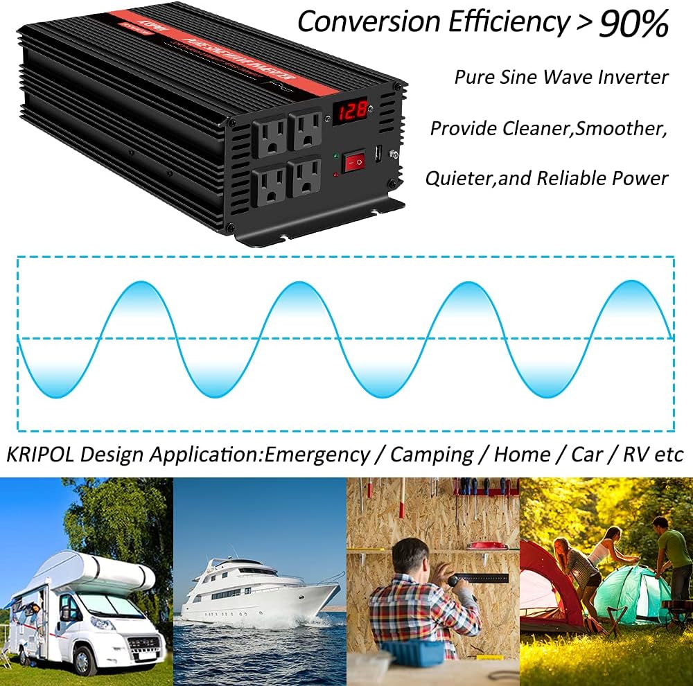 1000 Watt Pure Sine Wave Inverter 12v DC to 110/120v AC D294235