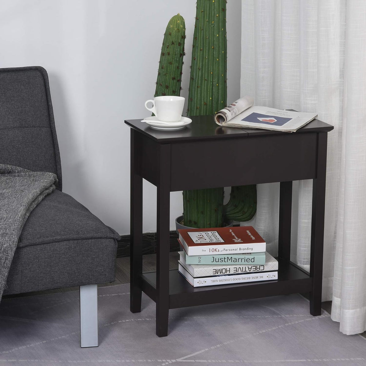 Flip Top Side Table with Storage Cabinet and Bottom Shelf A747