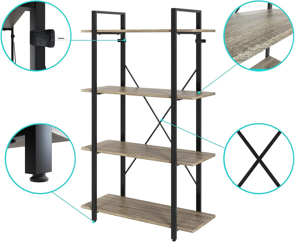 4-Tier Metal Frame Bookcase with Wood Shelves J176