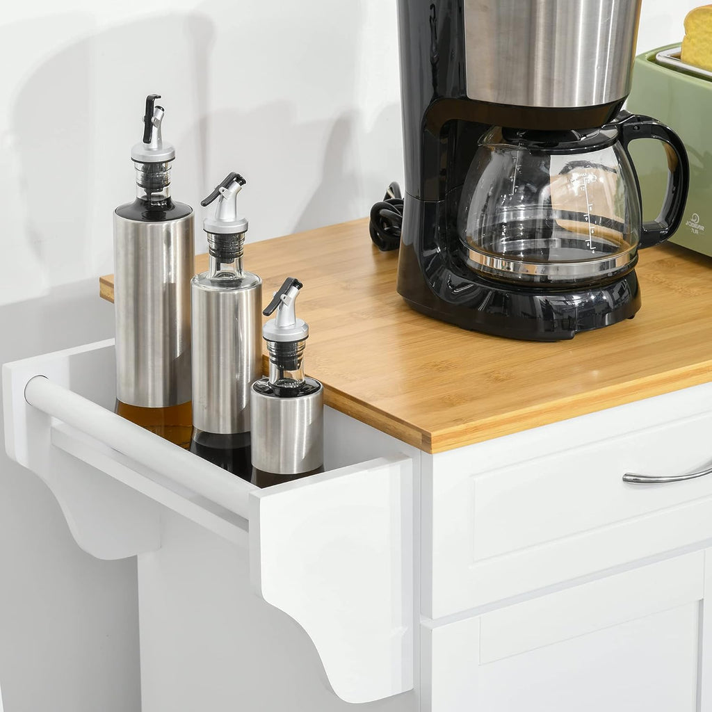 Rolling Kitchen Island Cart with Bamboo Countertop and 2 Cabinets, White A119