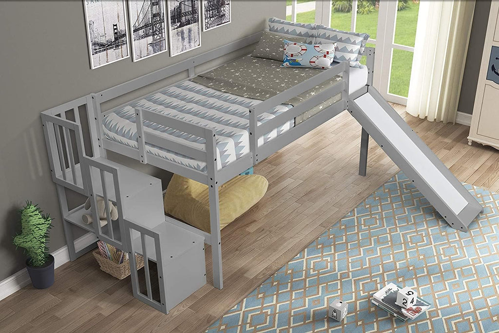 Twin Over Twin Low Bunk Bed with Slide and Ladder Grey D266