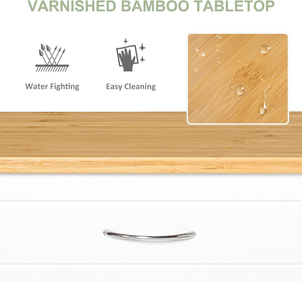 Rolling Kitchen Island Cart with Bamboo Countertop and 2 Cabinets, White A119