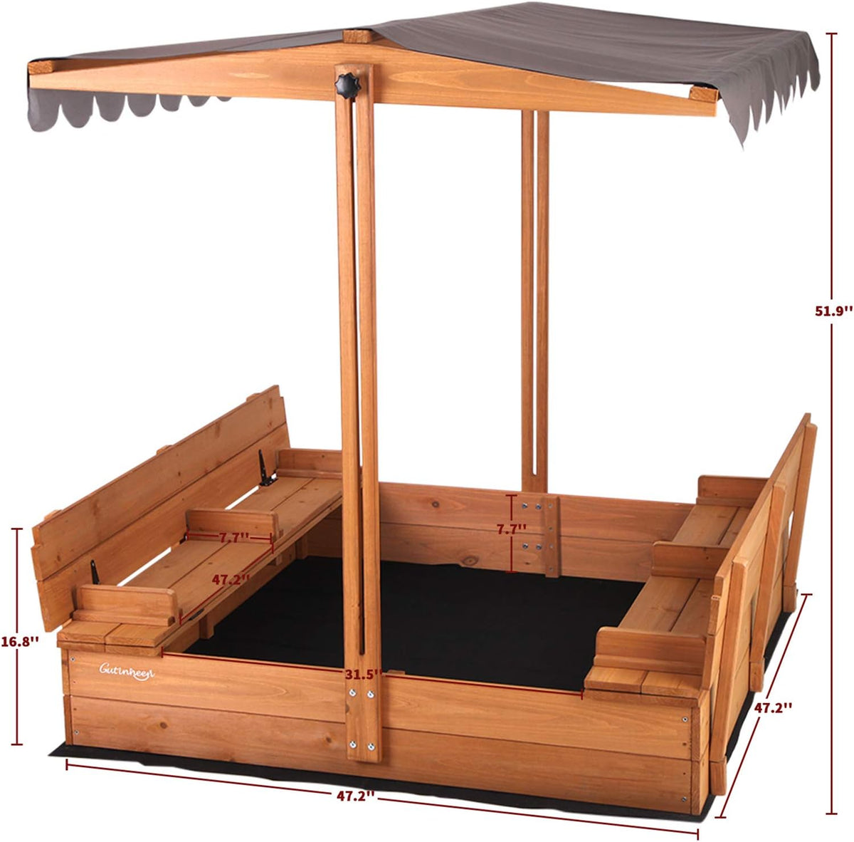 Large Wooden Sandbox with Canopy and 2 Foldable Bench Seats A122