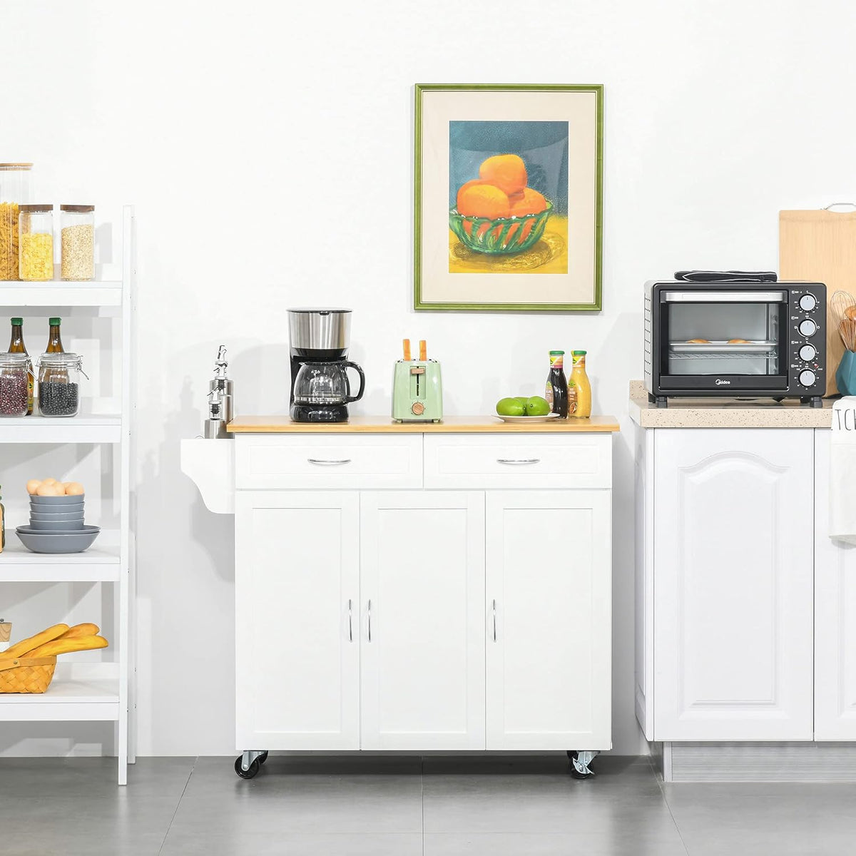 Rolling Kitchen Island Cart with Bamboo Countertop and 2 Cabinets, White A119