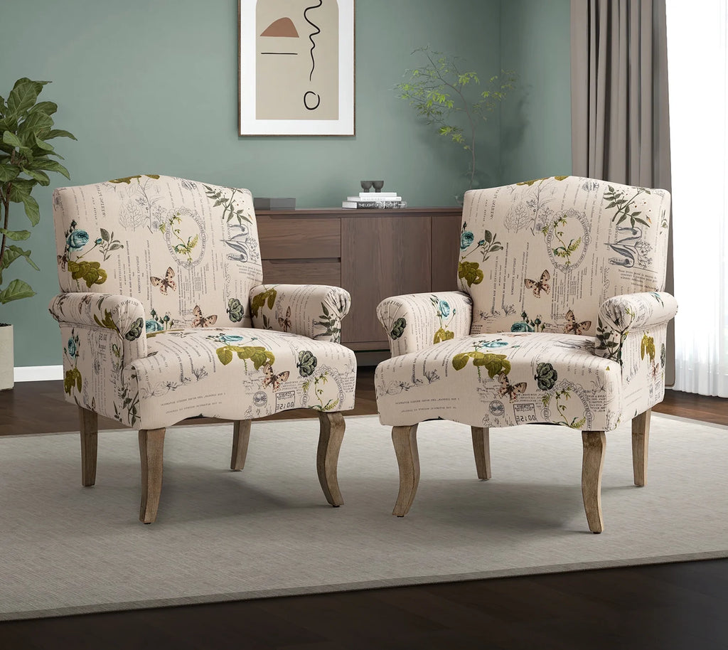Upholstered Armchair Set of 2 with Pattern & Wooden Legs W90975