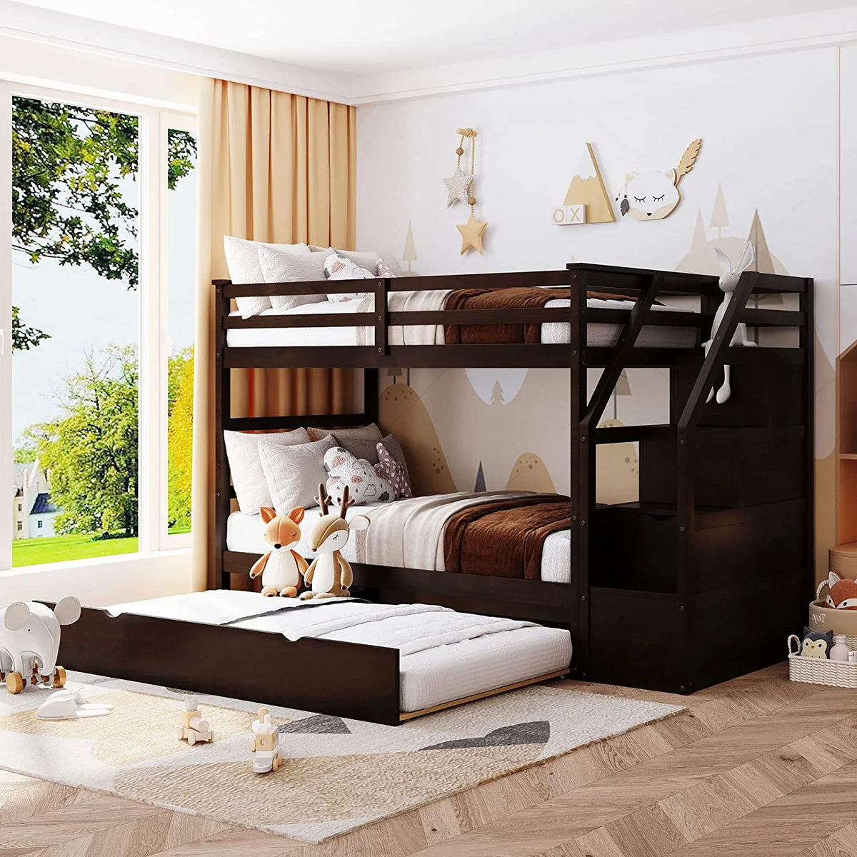 Over Bunk Bed with Trundle and 3 Storage Stairs, Wooden Bed Frame with Storage Drawers and Safety Rail Ladder A688092