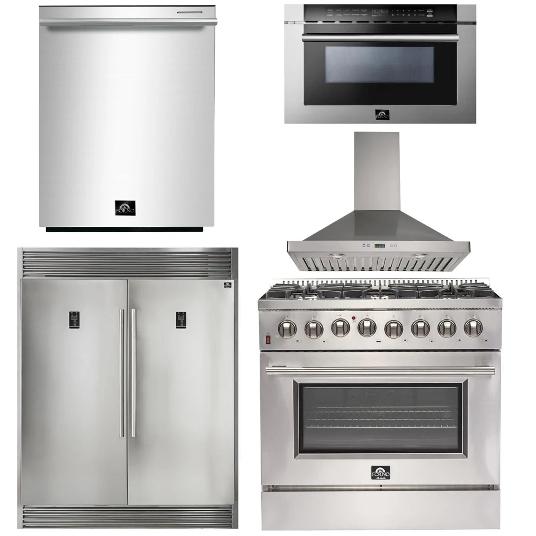 36 Inch Dual Fuel Range, Wall Mount Range Hood, Refrigerator, Microwave Drawer, Dishwasher T2908