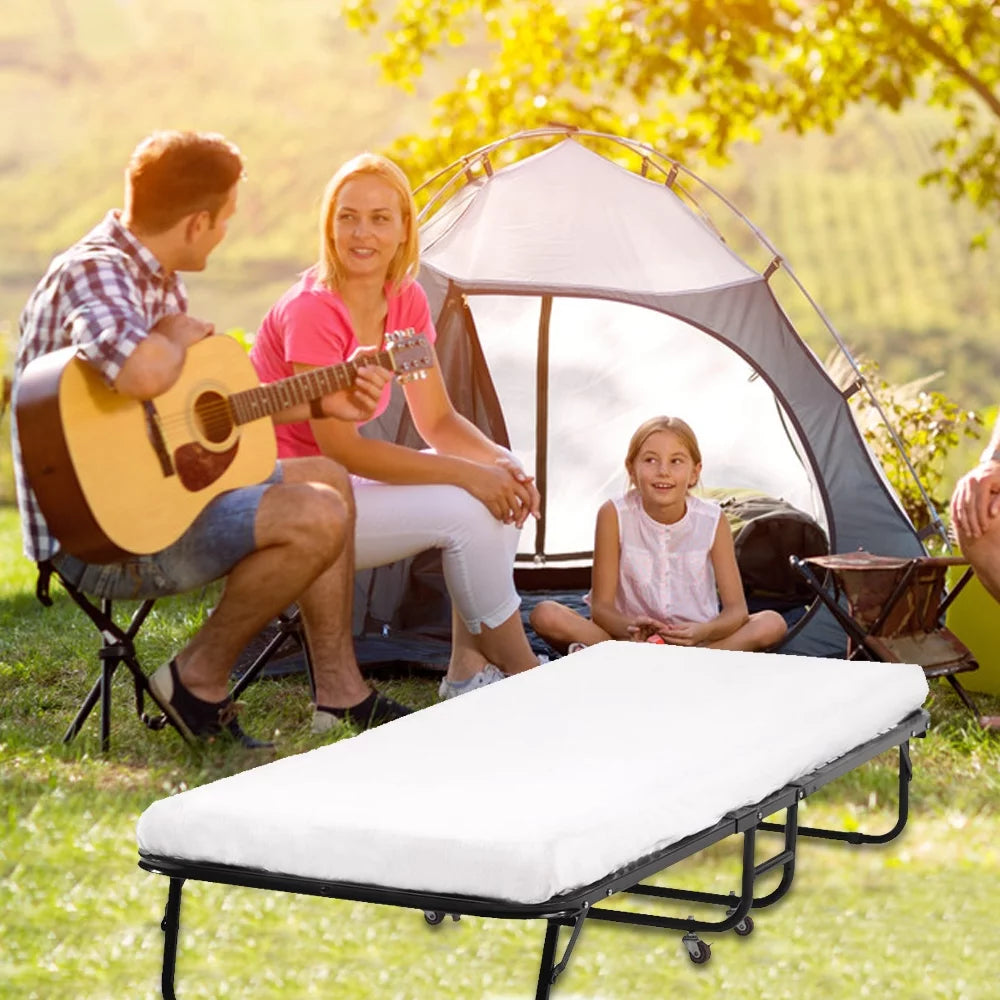 Folding Bed Frame with Wheel, Rollaway Bed with Mattress, Foldable Twin Bed with Memory Foam Mattress N472
