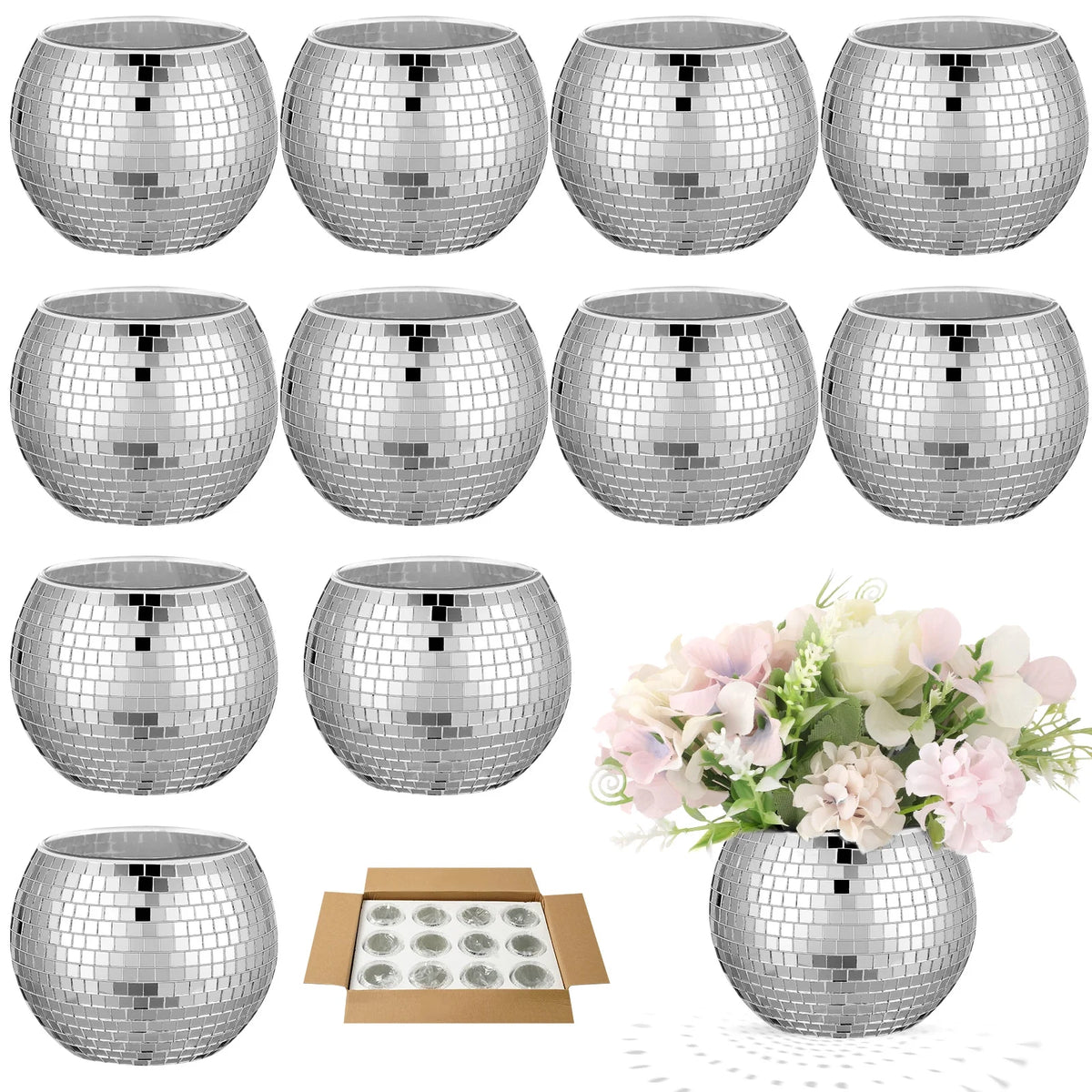 12 Pcs Silver Disco Ball Glass Vase C445