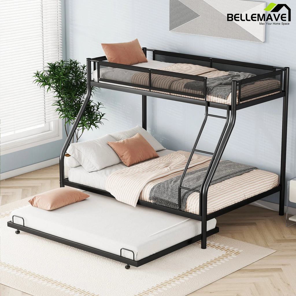 Twin over Full Size Metal Bunk Bed with Trundle and Textilene Guardrail F131573