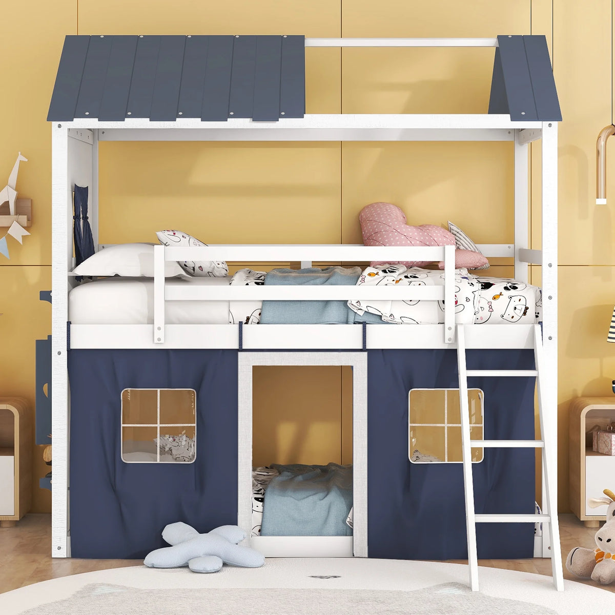 Twin Size Bunk Wood House Bed with Tent D298