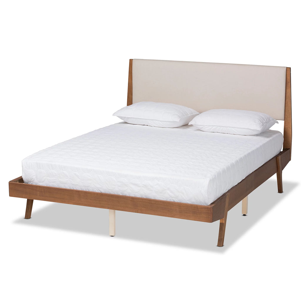 Beige Fabric Upholstered Walnut Brown Wood Queen Size Platform Bed E8405