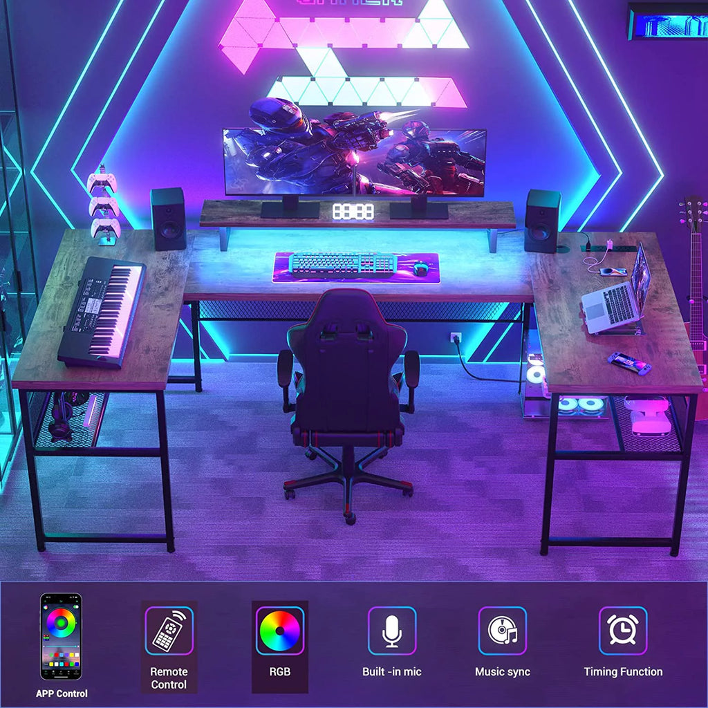 U Shaped Computer Desk with Power Outlet and LED Strip V13729